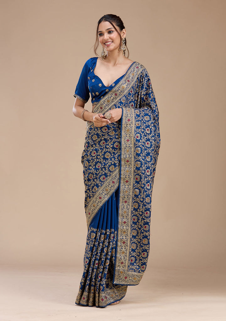Navy Blue Soft Raw Silk Gold Zariwork Saree With Matching Blouse Piece