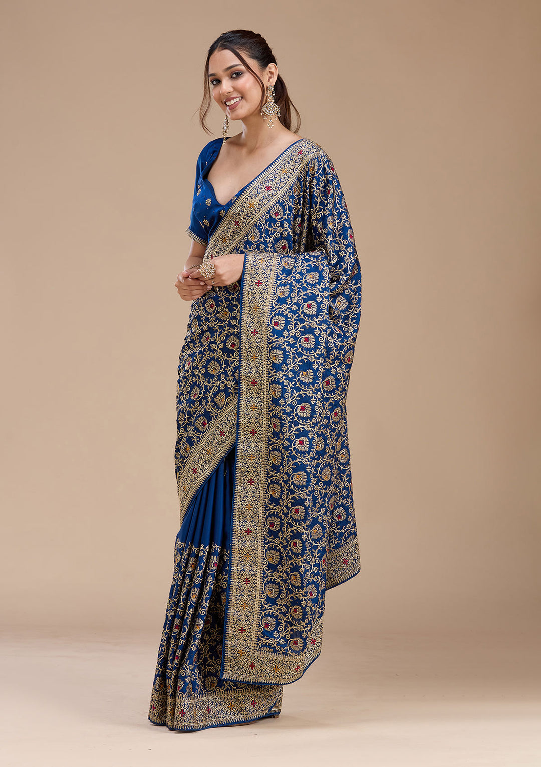 Navy Blue Soft Raw Silk Gold Zariwork Saree With Matching Blouse Piece