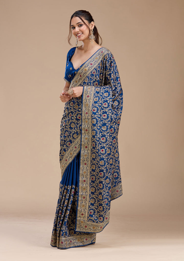 Navy Blue Soft Raw Silk Gold Zariwork Saree With Matching Blouse Piece