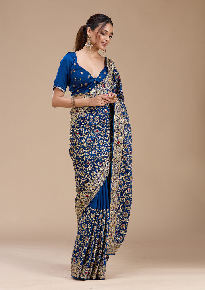 Navy Blue Soft Raw Silk Gold Zariwork Saree With Matching Blouse Piece