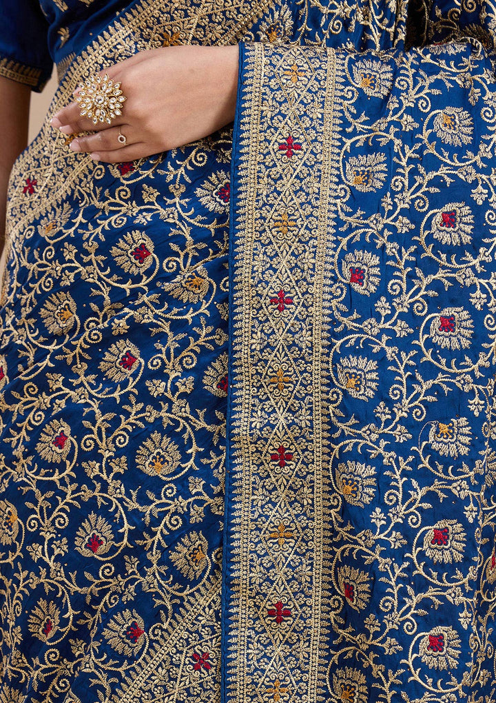 Navy Blue Soft Raw Silk Gold Zariwork Saree With Matching Blouse Piece