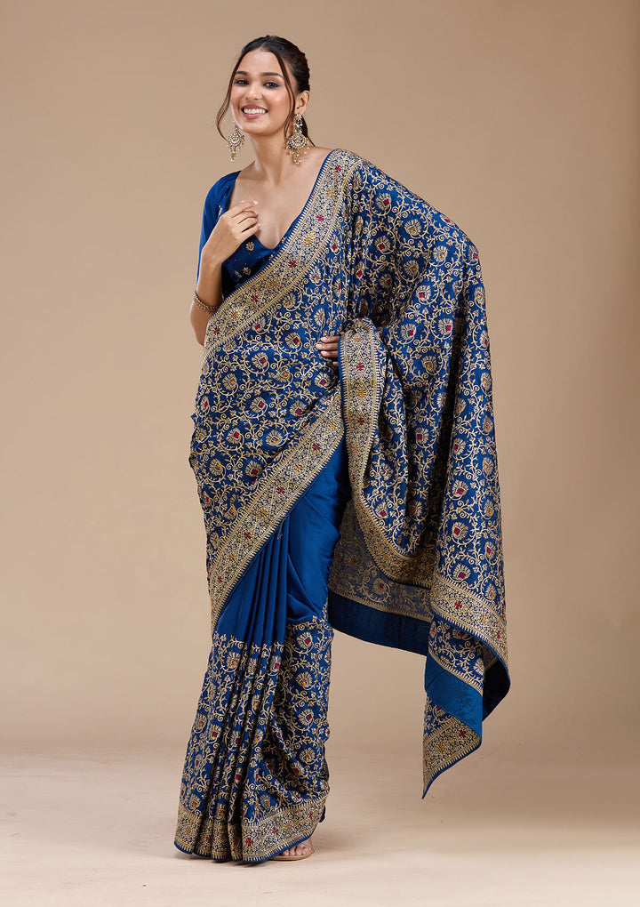 Navy Blue Soft Raw Silk Gold Zariwork Saree With Matching Blouse Piece