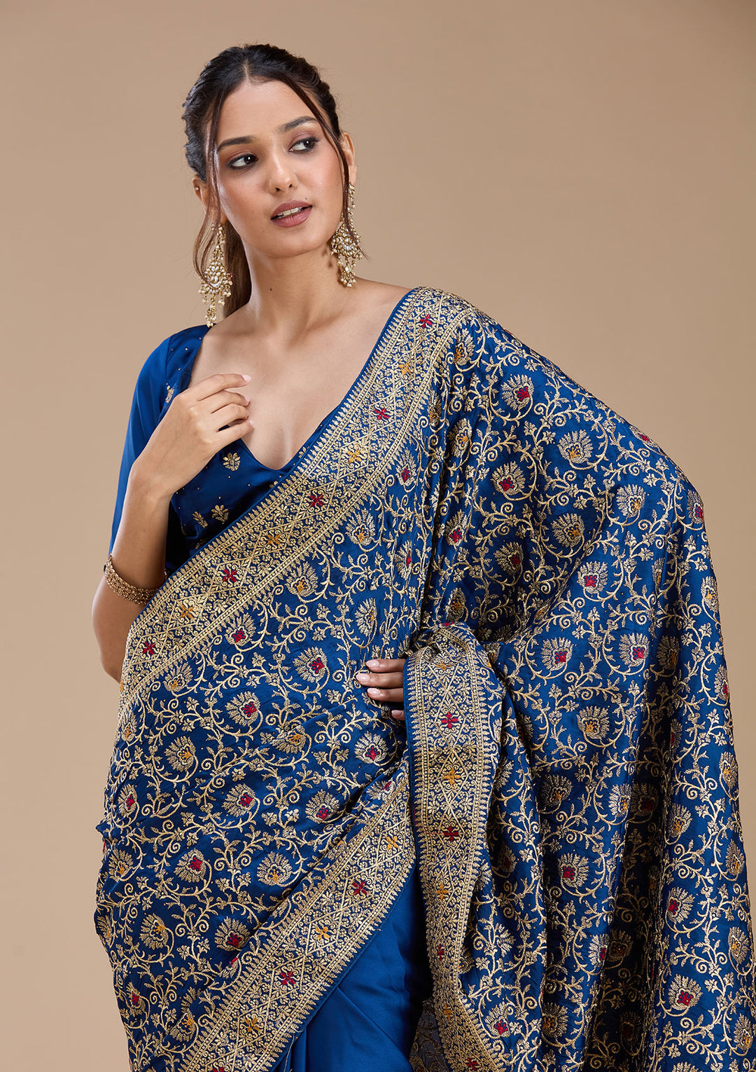 Navy Blue Soft Raw Silk Gold Zariwork Saree With Matching Blouse Piece