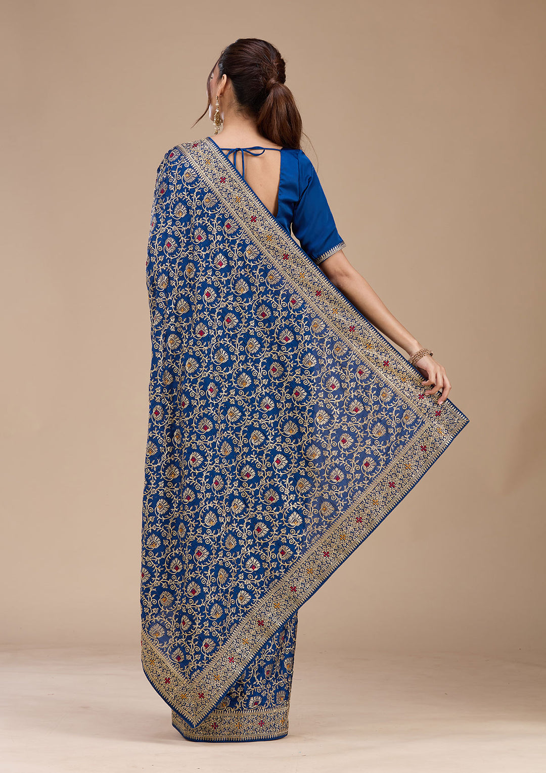 Navy Blue Soft Raw Silk Gold Zariwork Saree With Matching Blouse Piece