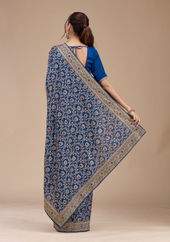 Navy Blue Soft Raw Silk Gold Zariwork Saree With Matching Blouse Piece