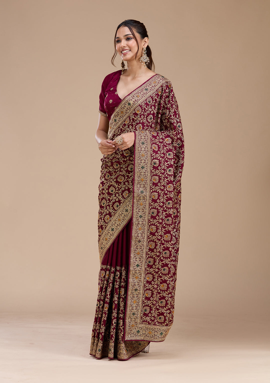 Wine Zariwork (Gold) Soft Raw Silk Saree