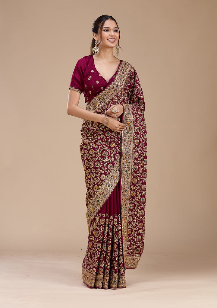 Wine Zariwork (Gold) Soft Raw Silk Saree