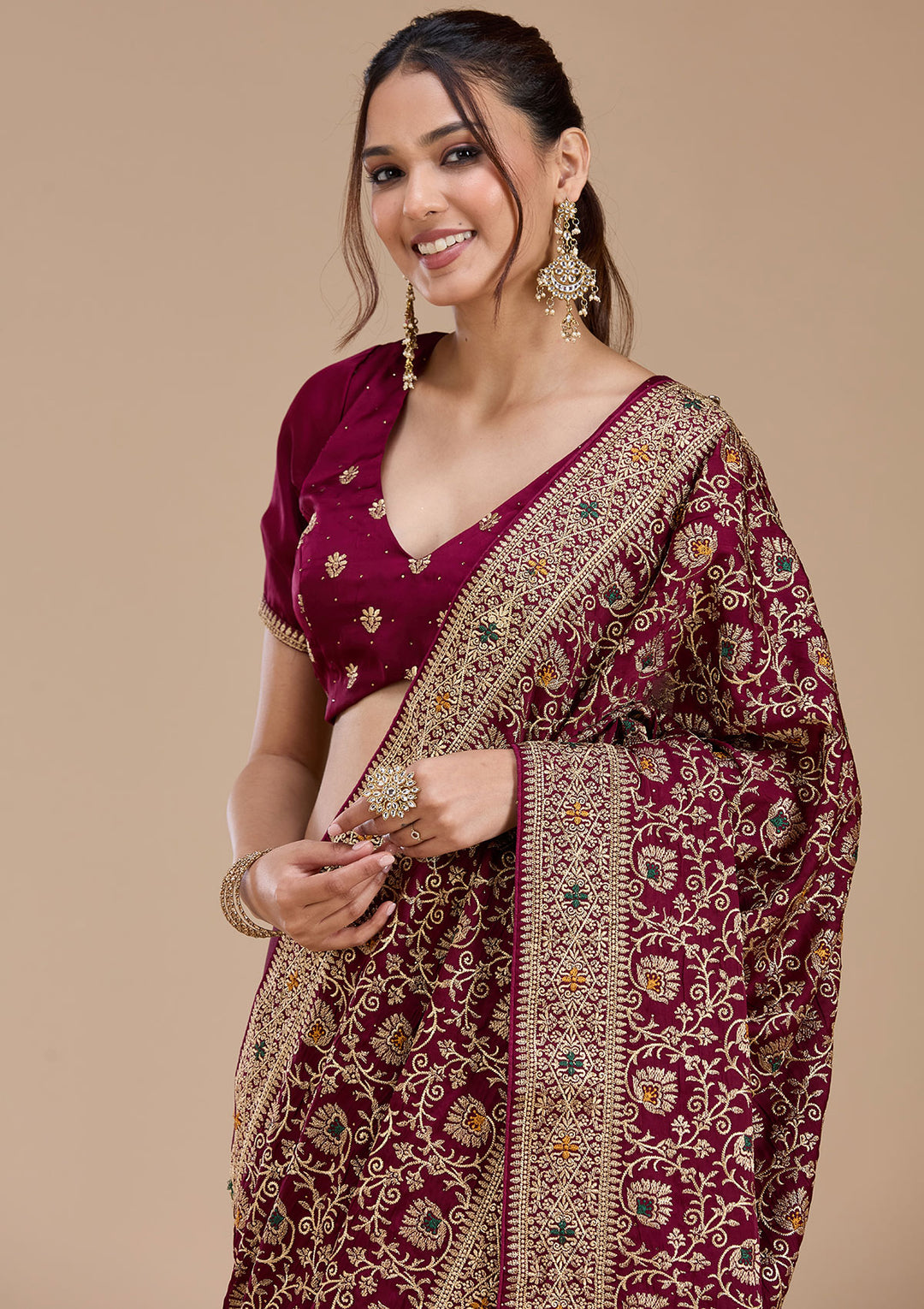 Wine Zariwork (Gold) Soft Raw Silk Saree