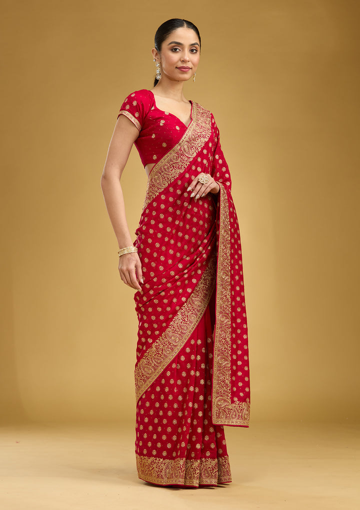 Rani Pink Zariwork (Gold) Soft Raw Silk Saree