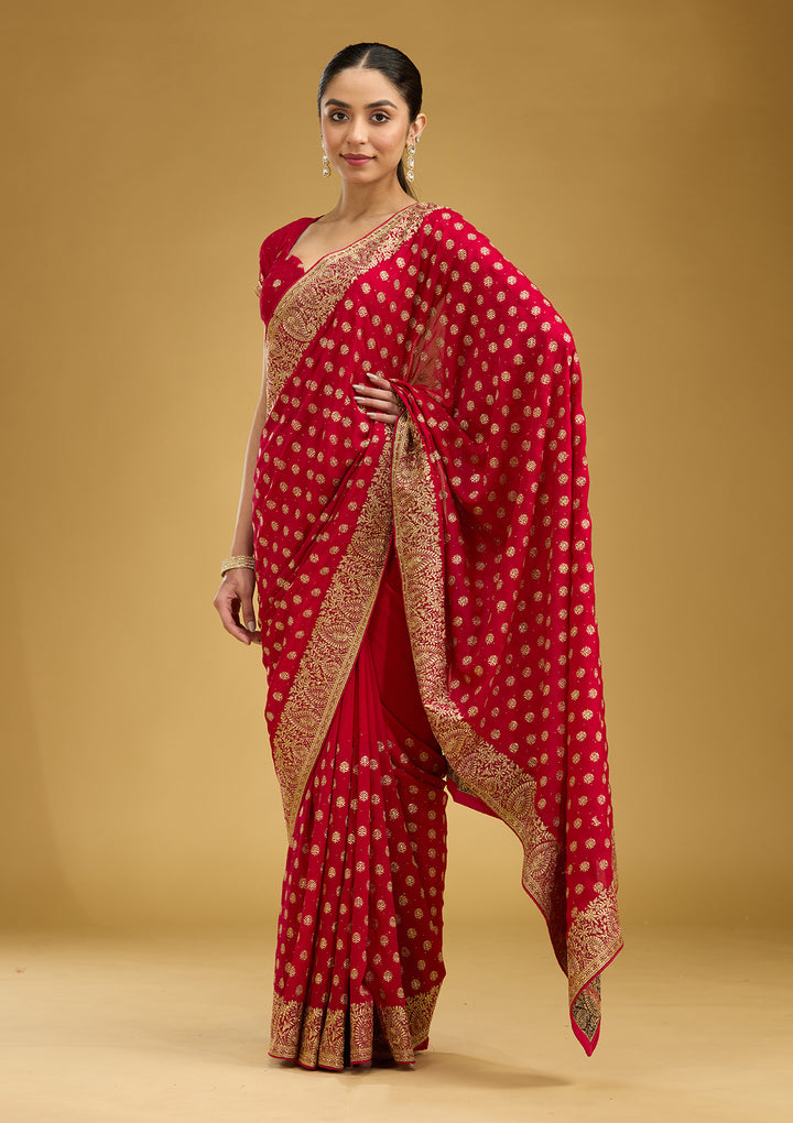 Rani Pink Zariwork (Gold) Soft Raw Silk Saree