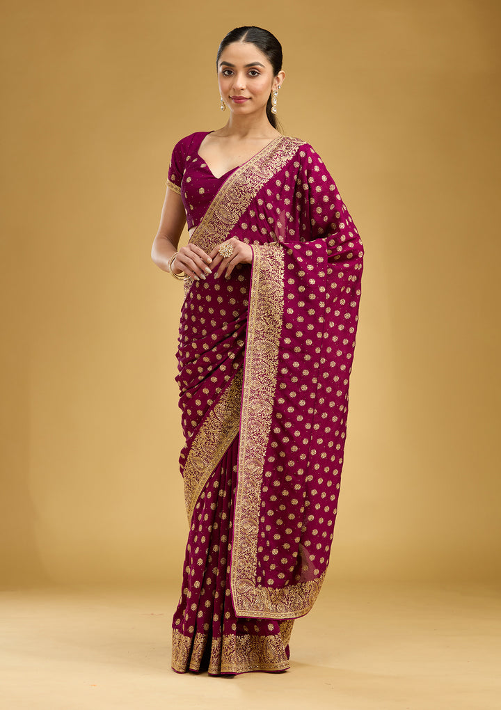 Wine Zariwork (Gold) Soft Raw Silk Saree
