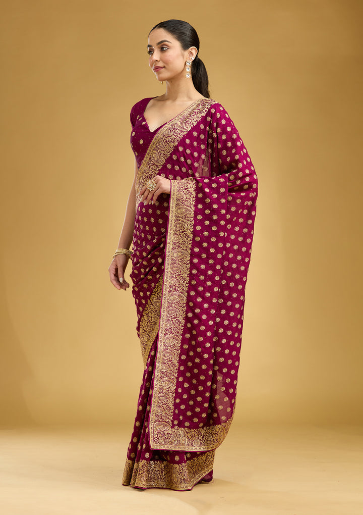 Wine Zariwork (Gold) Soft Raw Silk Saree