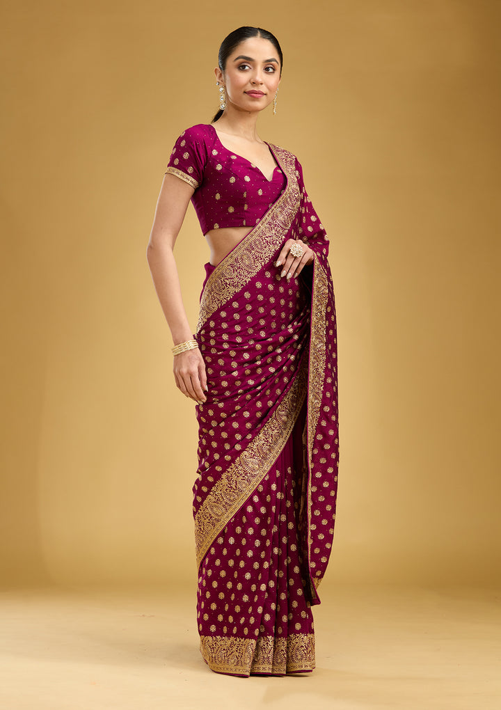 Wine Zariwork (Gold) Soft Raw Silk Saree