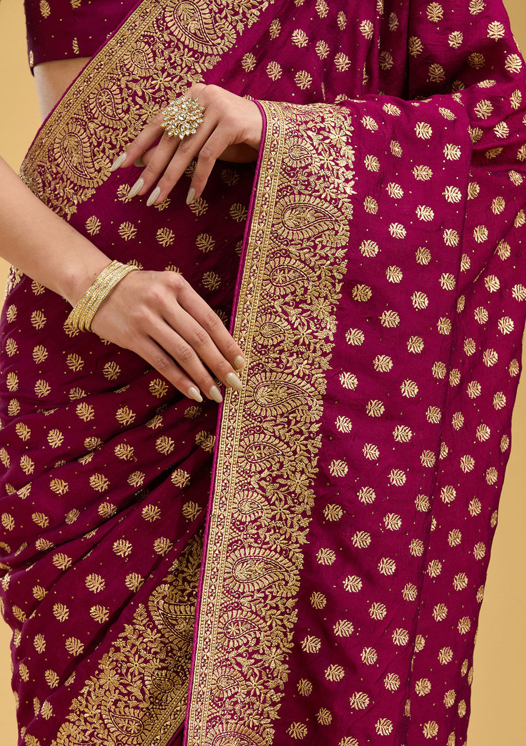 Wine Zariwork (Gold) Soft Raw Silk Saree