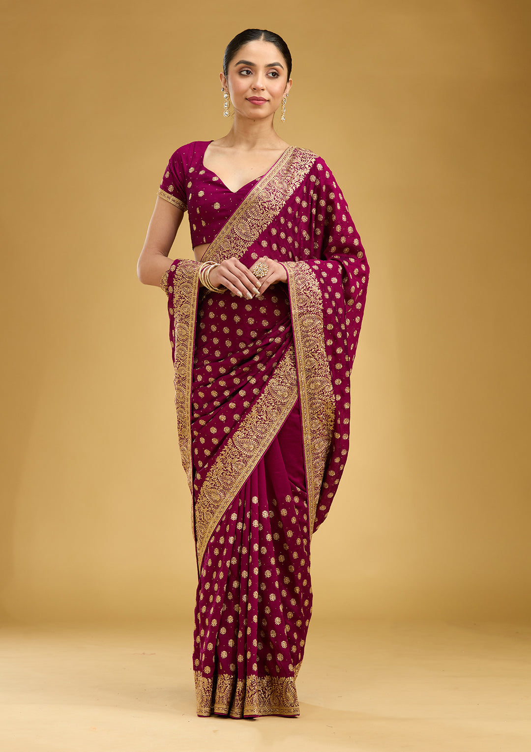 Wine Zariwork (Gold) Soft Raw Silk Saree