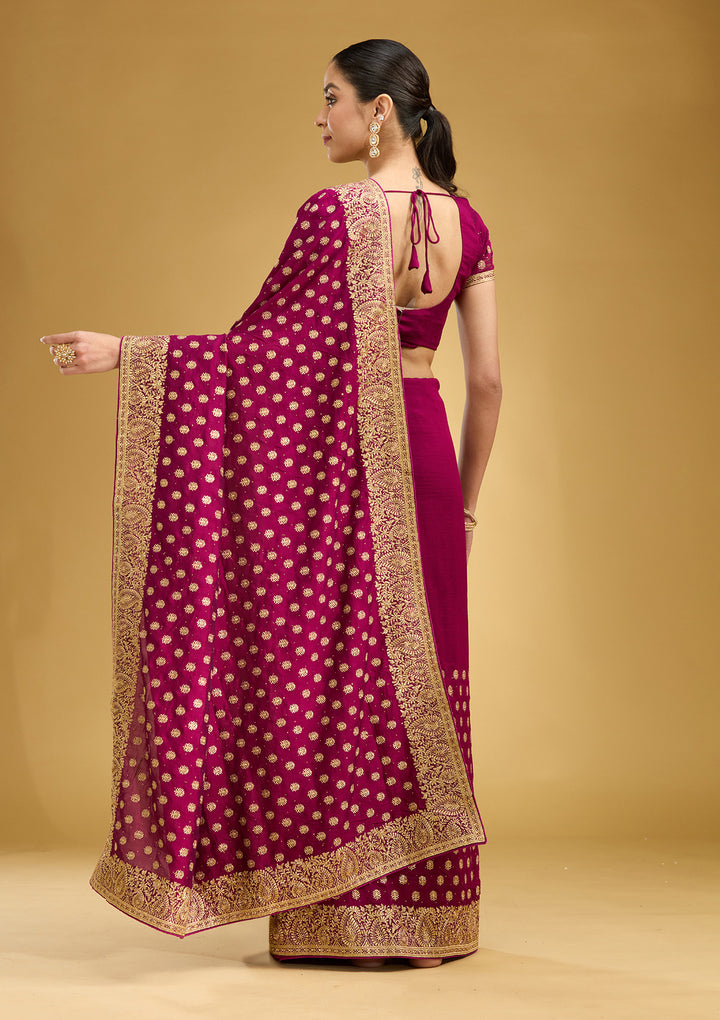 Wine Zariwork (Gold) Soft Raw Silk Saree