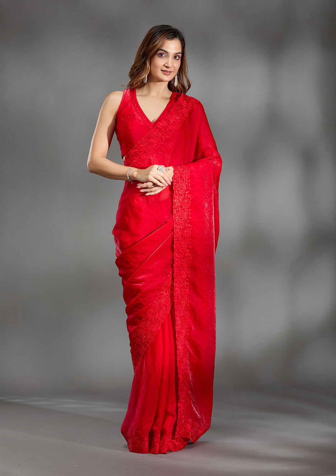 Red Tissue Threadwork Saree With Matching Blouse Piece