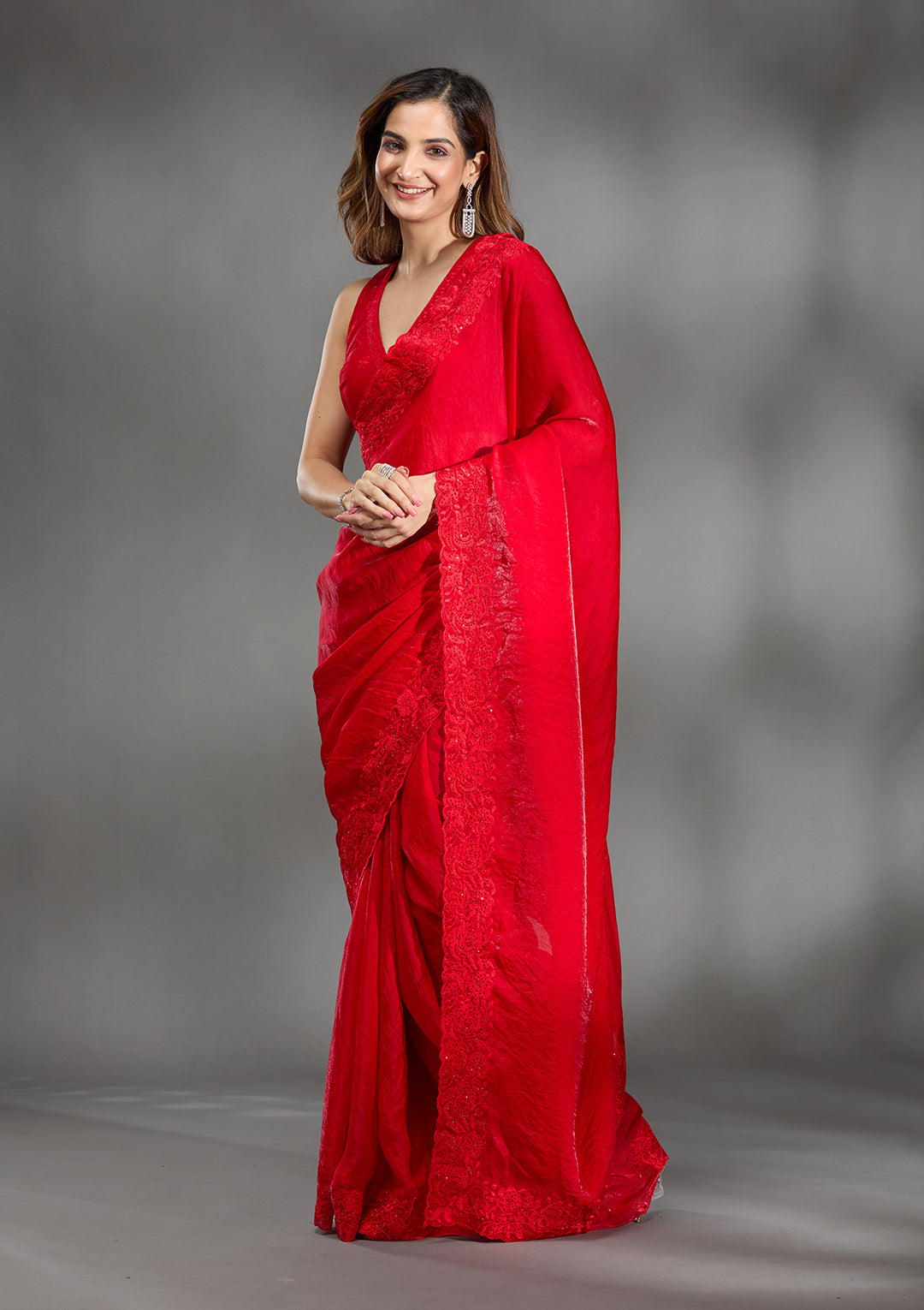 Red Threadwork Tissue Saree