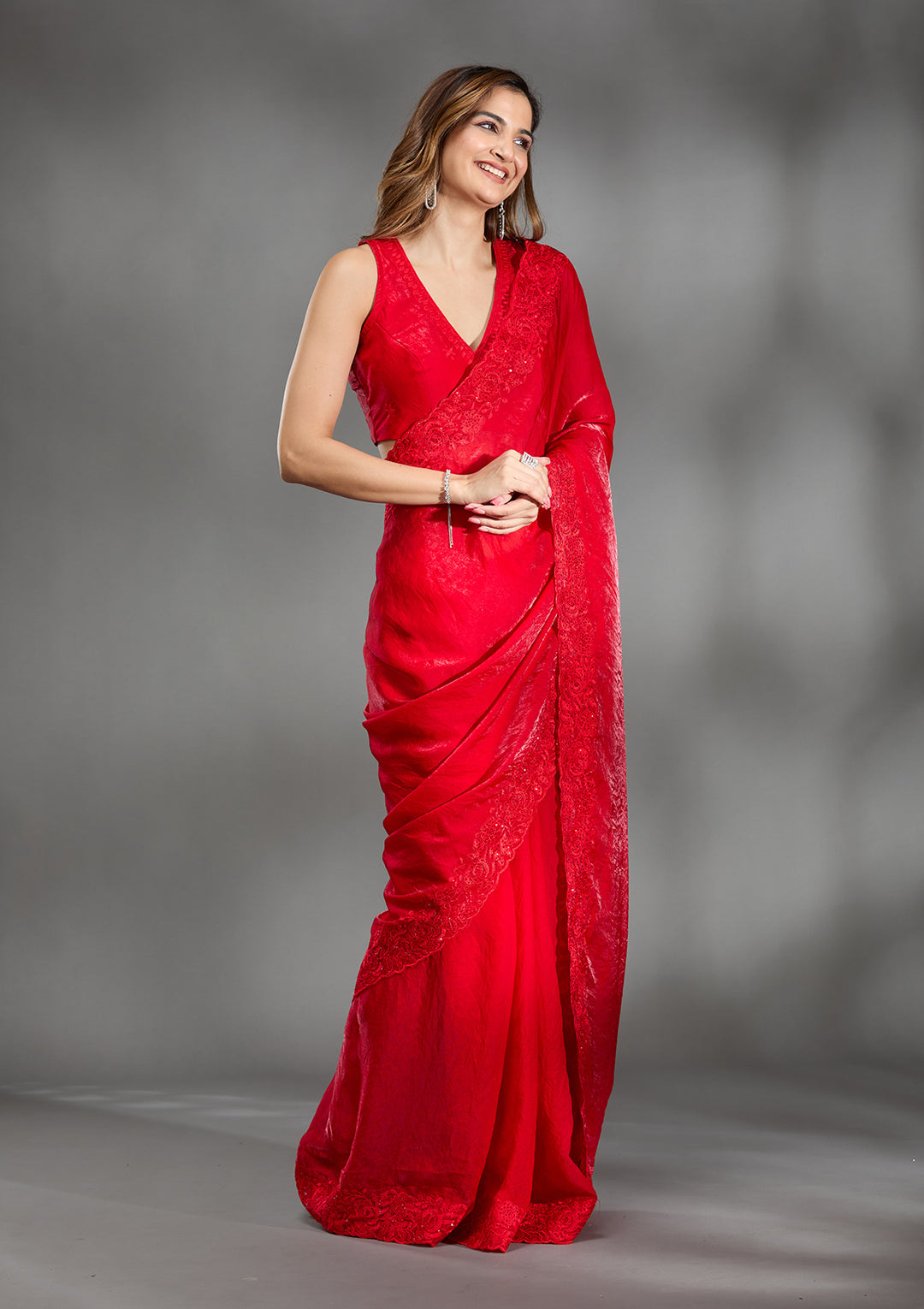Red Tissue Threadwork Saree With Matching Blouse Piece
