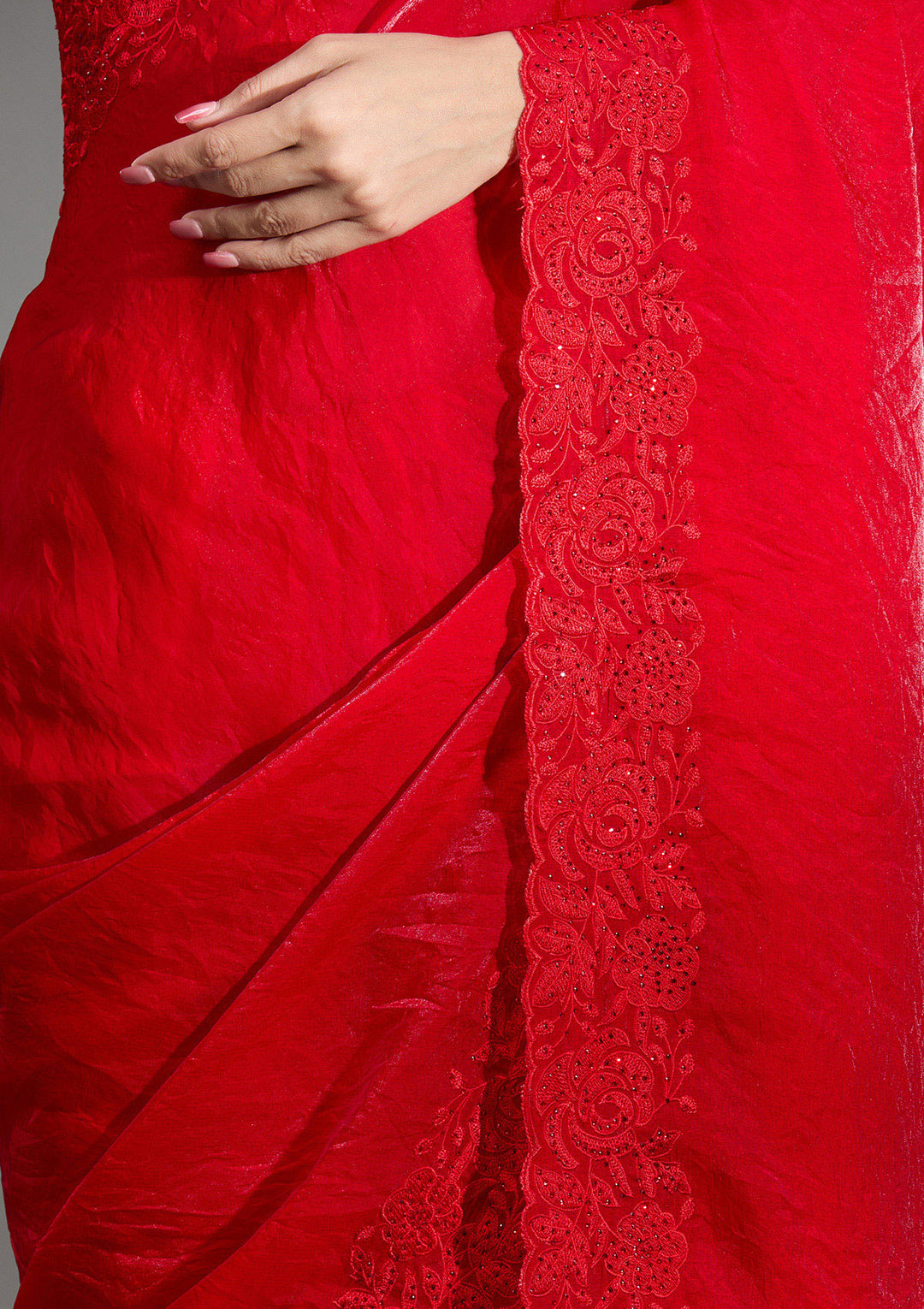 Red Tissue Threadwork Saree With Matching Blouse Piece