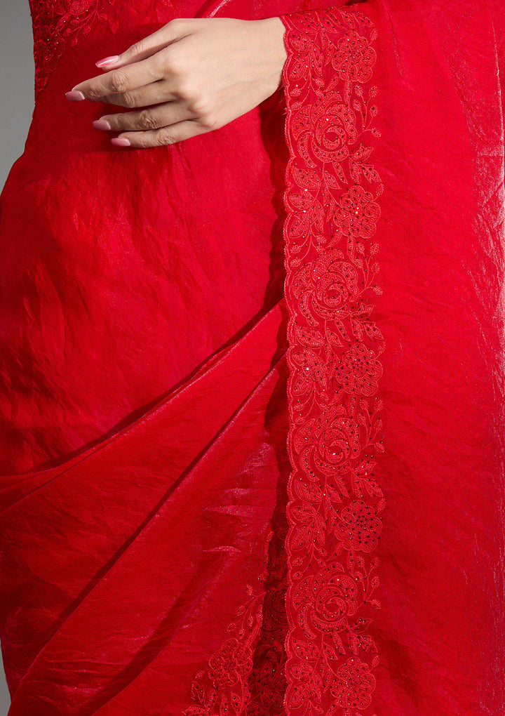 Red Tissue Threadwork Saree With Matching Blouse Piece