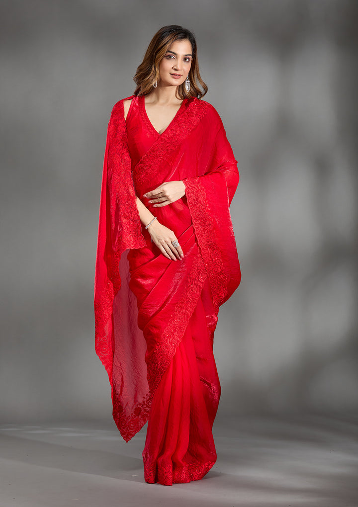 Red Tissue Threadwork Saree With Matching Blouse Piece