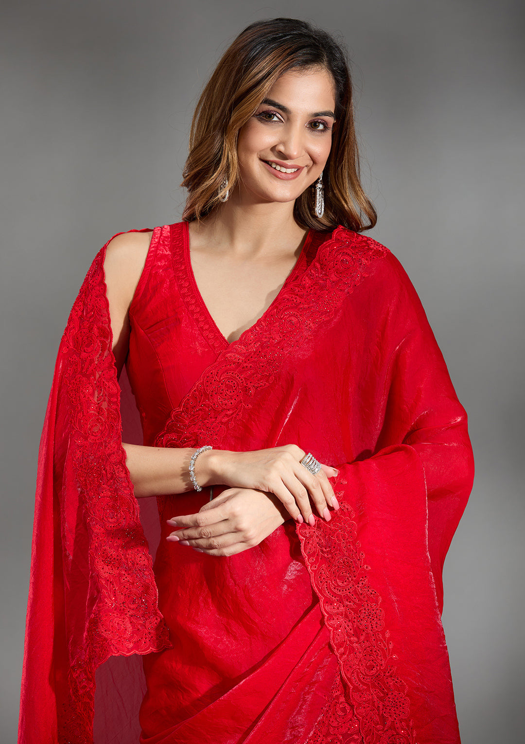 Red Tissue Threadwork Saree With Matching Blouse Piece