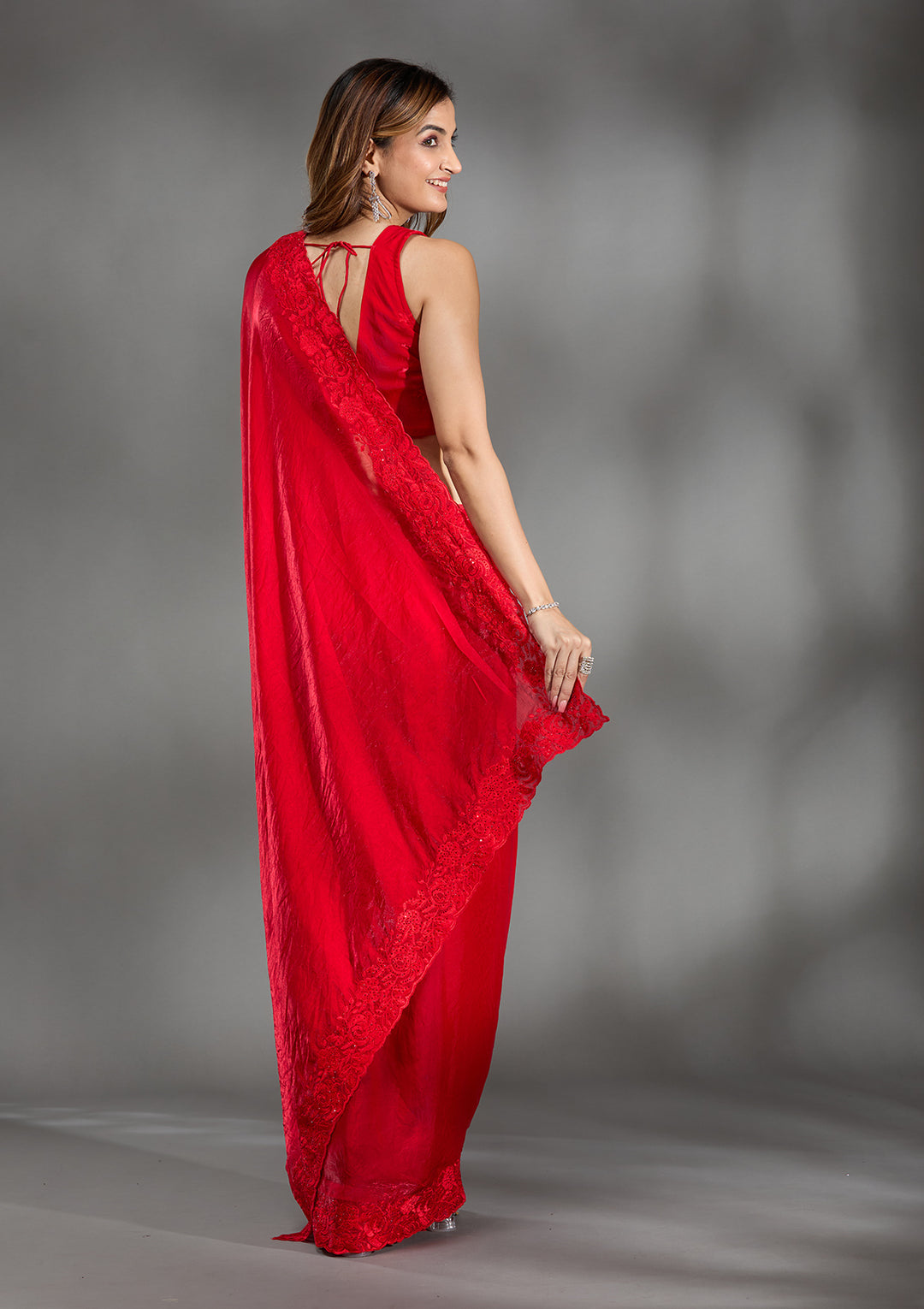 Red Tissue Threadwork Saree With Matching Blouse Piece