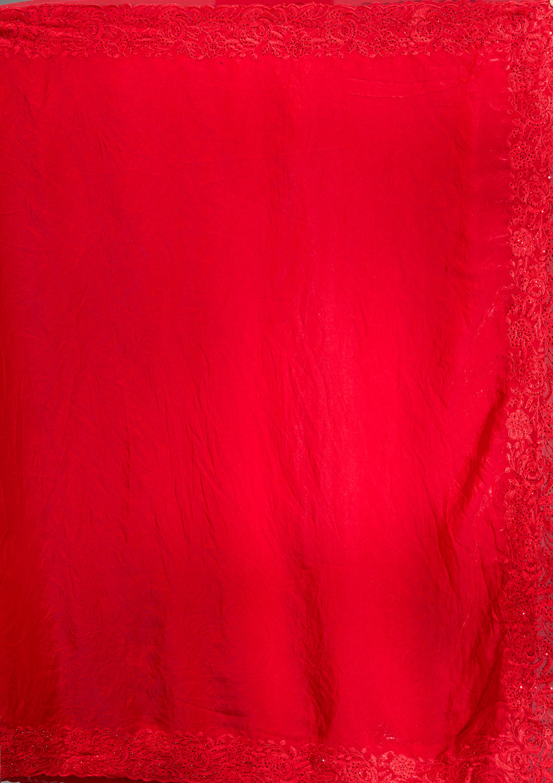 Red Tissue Threadwork Saree With Matching Blouse Piece