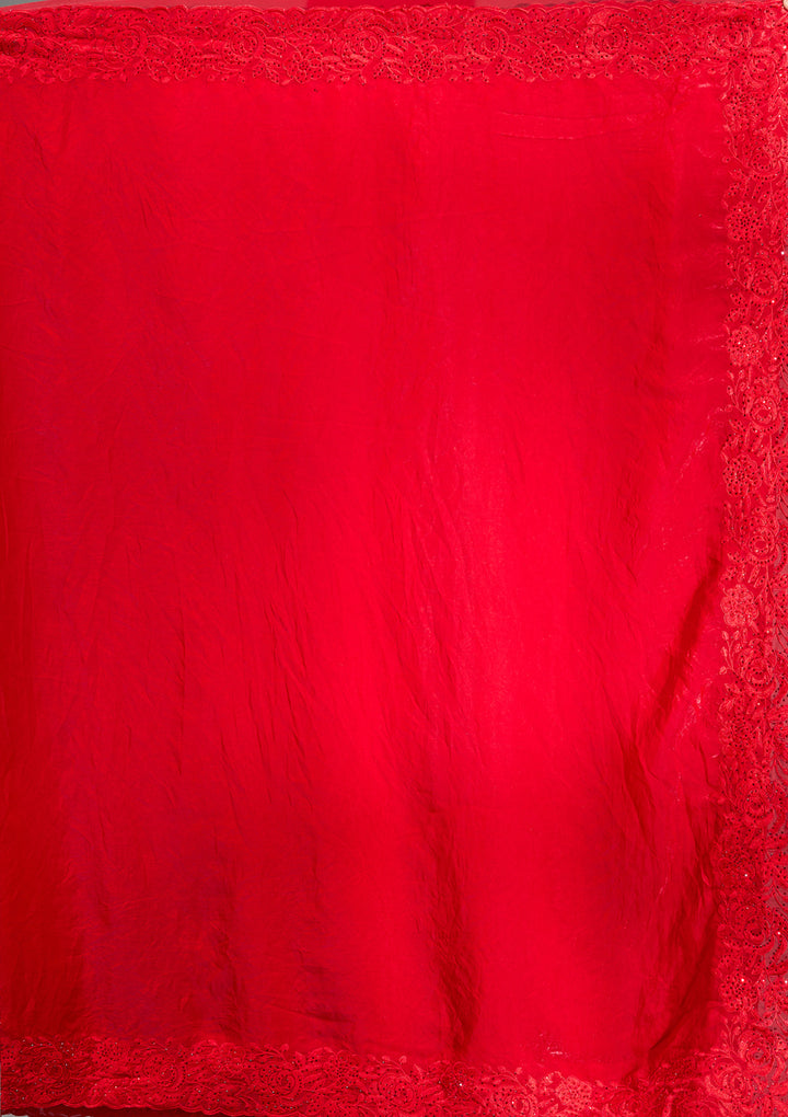 Red Tissue Threadwork Saree With Matching Blouse Piece