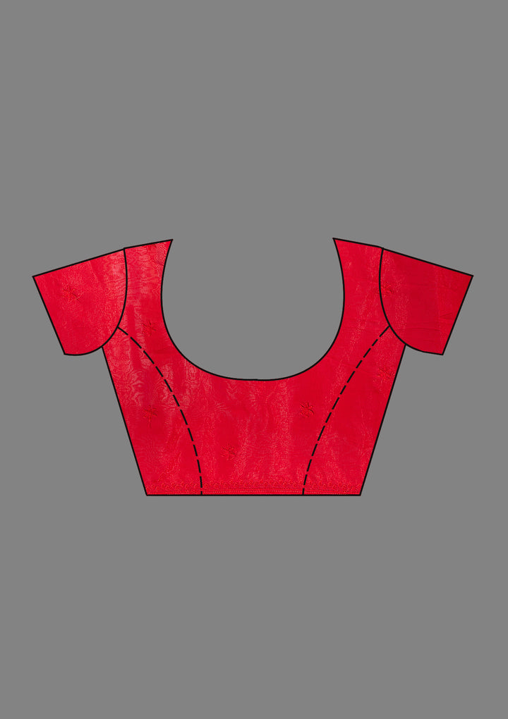 Red Tissue Threadwork Saree With Matching Blouse Piece