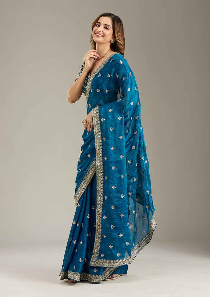 Peacock Blue Tissue Gold Zariwork Saree With Matching Blouse Piece