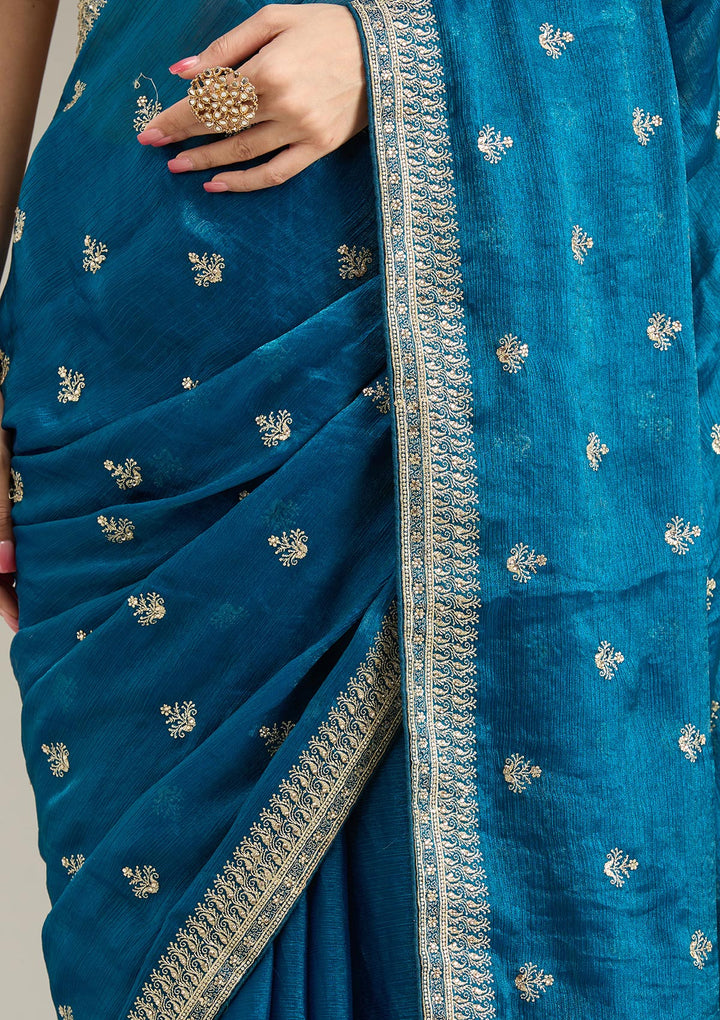 Peacock Blue Tissue Gold Zariwork Saree With Matching Blouse Piece