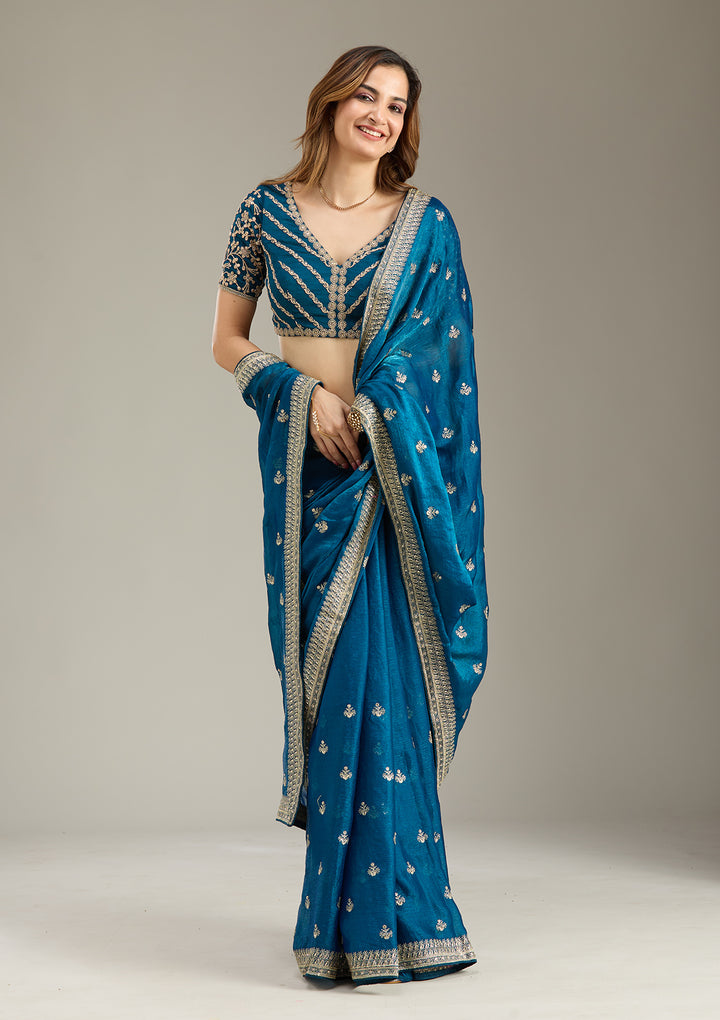 Peacock Blue Tissue Gold Zariwork Saree With Matching Blouse Piece