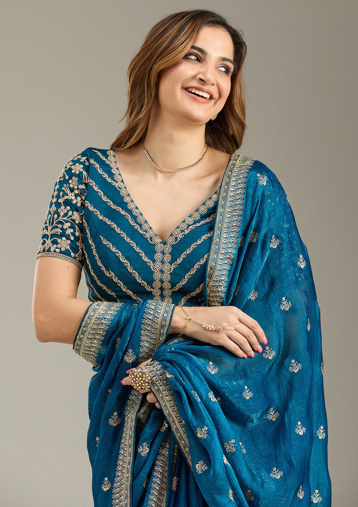 Peacock Blue Tissue Gold Zariwork Saree With Matching Blouse Piece