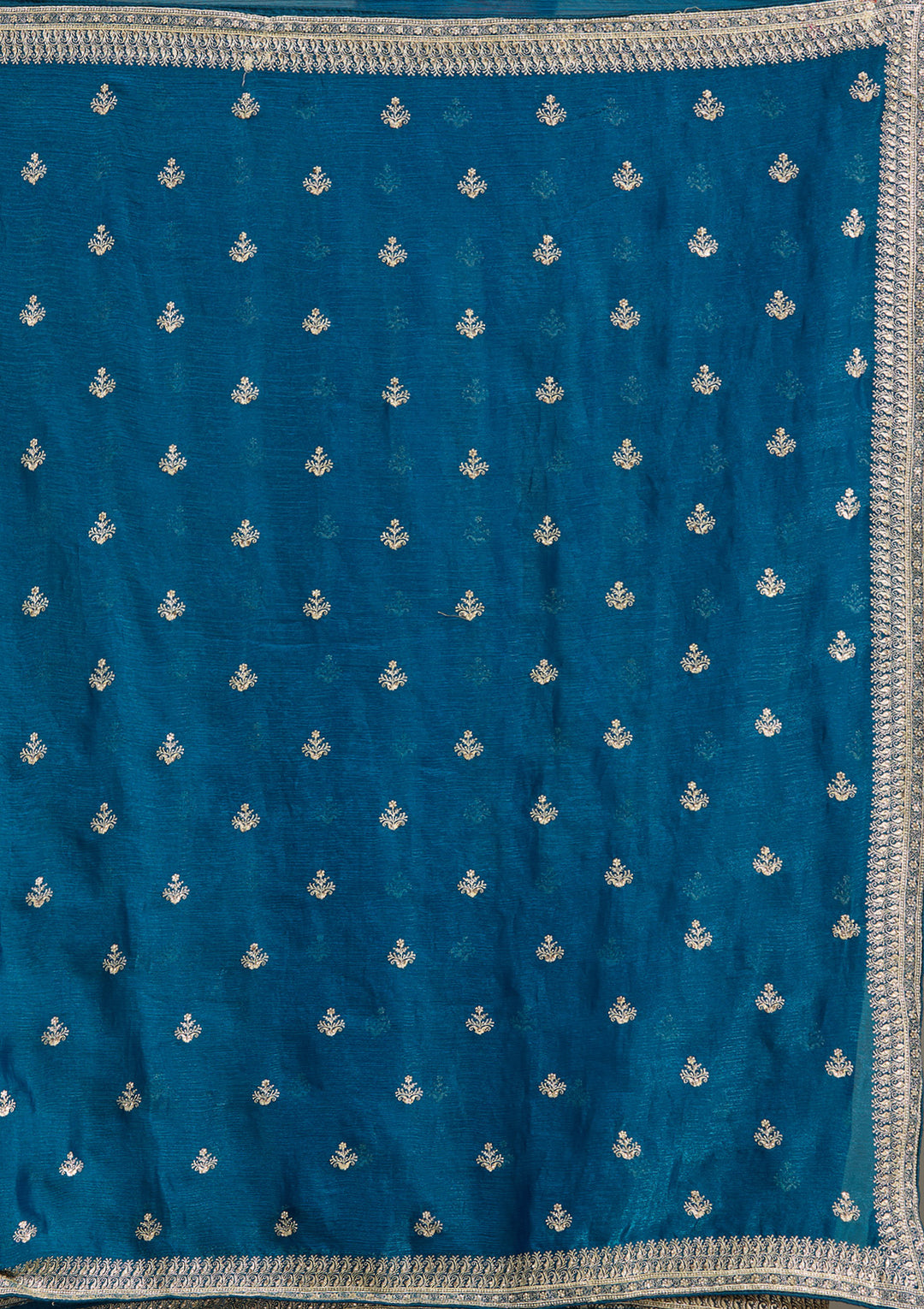 Peacock Blue Tissue Gold Zariwork Saree With Matching Blouse Piece