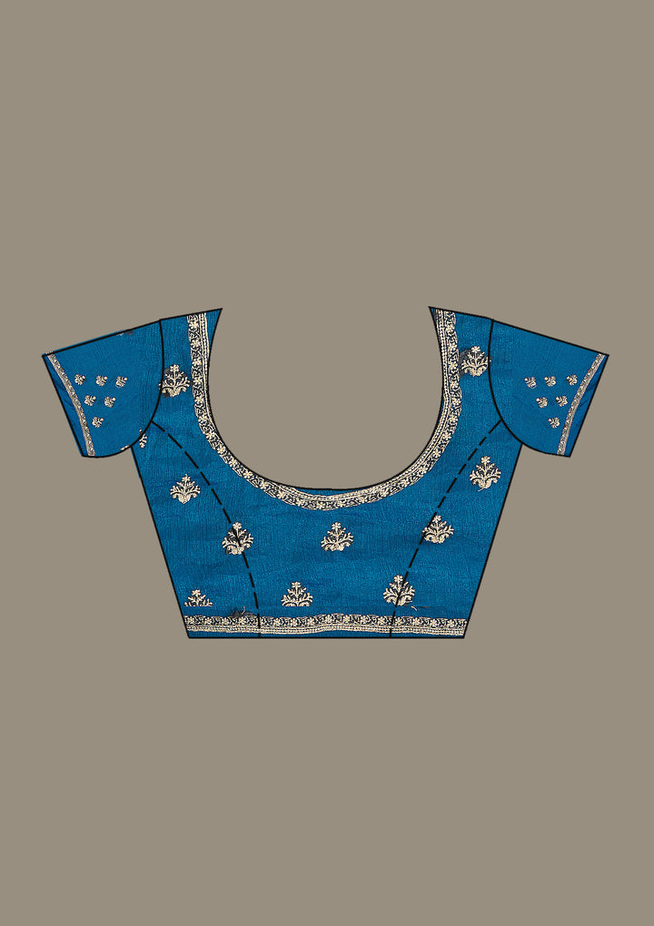 Peacock Blue Tissue Gold Zariwork Saree With Matching Blouse Piece