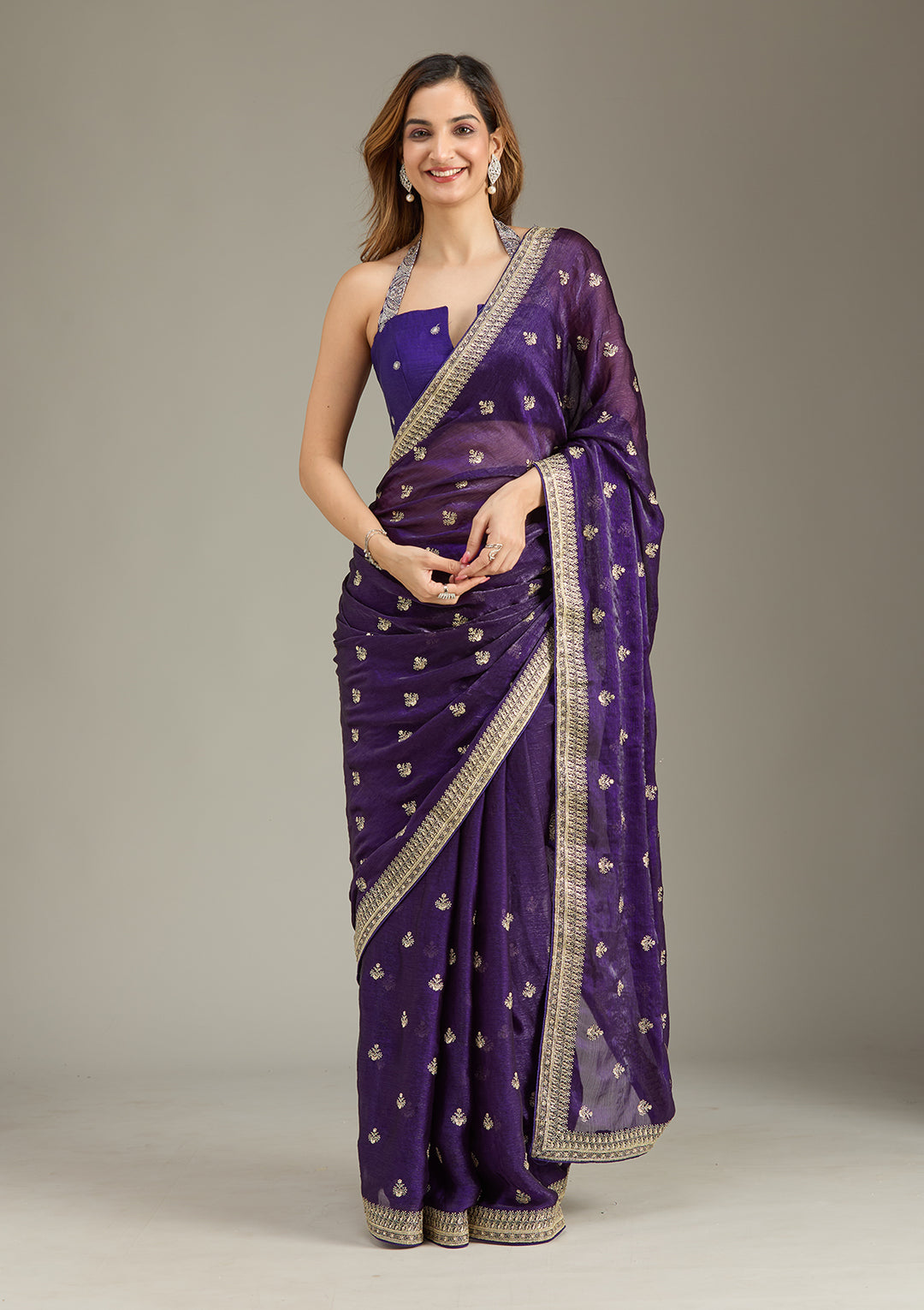 Purple Tissue Gold Zariwork Saree With Matching Blouse Piece