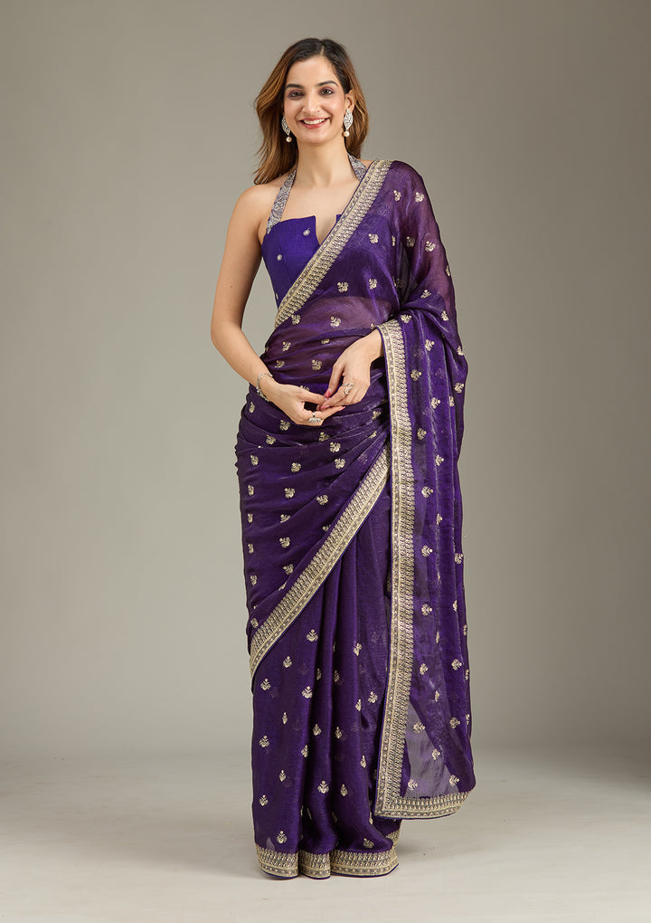 Purple Tissue Gold Zariwork Saree With Matching Blouse Piece