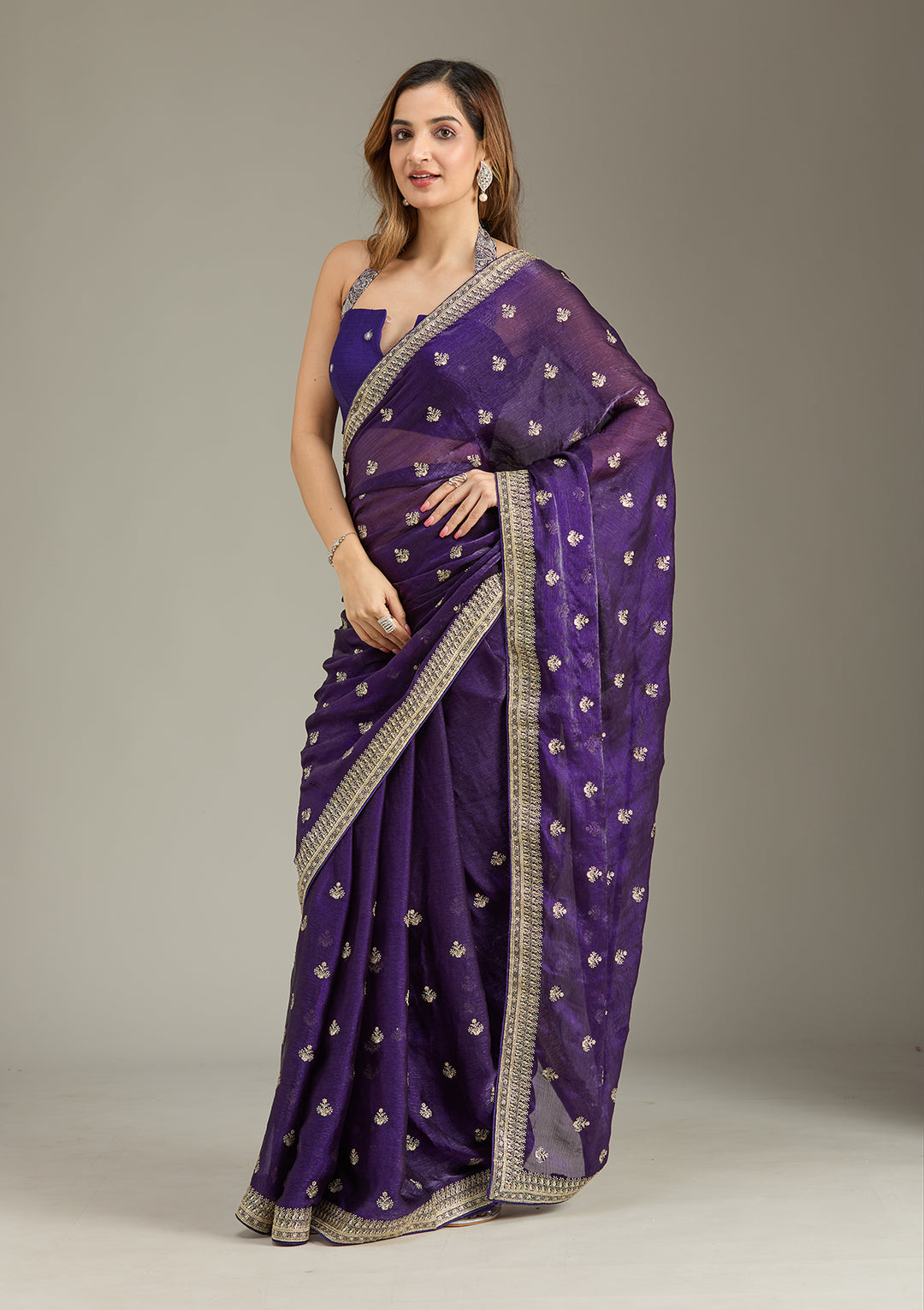 Purple Tissue Gold Zariwork Saree With Matching Blouse Piece