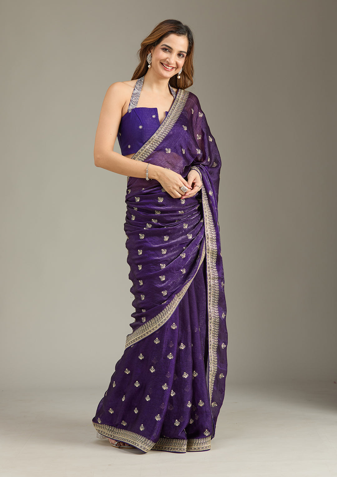 Purple Tissue Gold Zariwork Saree With Matching Blouse Piece