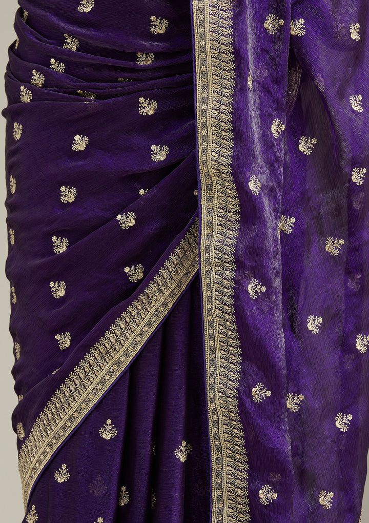 Purple Tissue Gold Zariwork Saree With Matching Blouse Piece