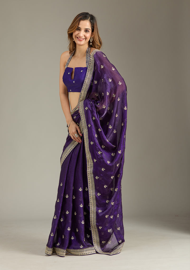 Purple Tissue Gold Zariwork Saree With Matching Blouse Piece