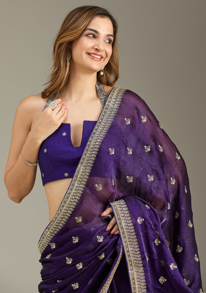 Purple Tissue Gold Zariwork Saree With Matching Blouse Piece