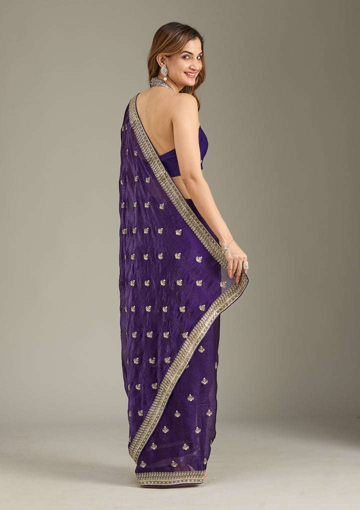 Purple Tissue Gold Zariwork Saree With Matching Blouse Piece