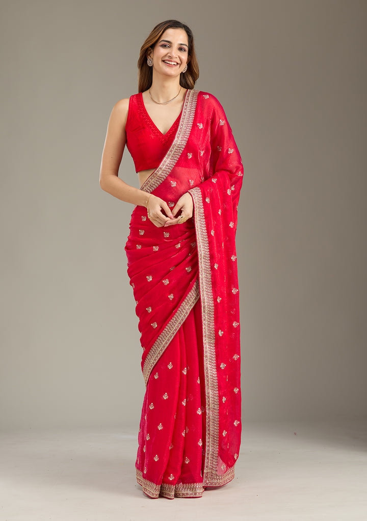 Rani Pink Tissue Gold Zariwork Saree With Matching Blouse Piece