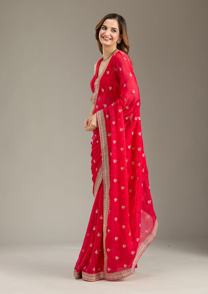 Rani Pink Tissue Gold Zariwork Saree With Matching Blouse Piece