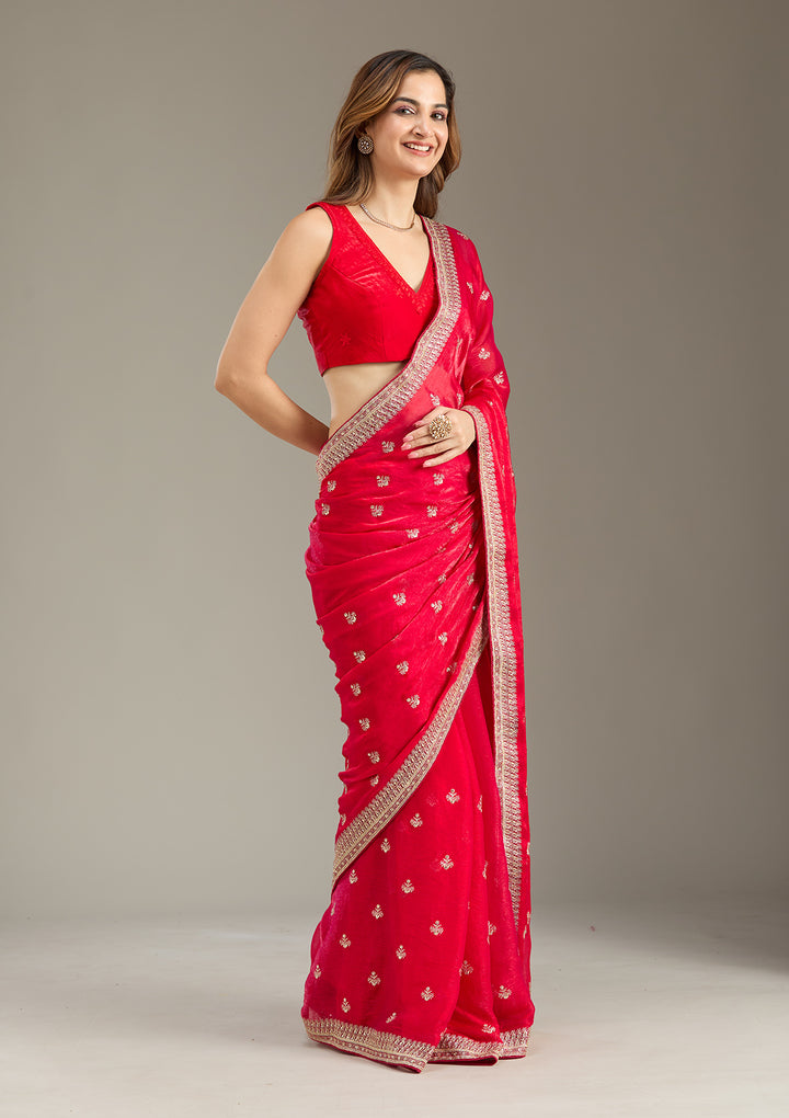 Rani Pink Tissue Gold Zariwork Saree With Matching Blouse Piece