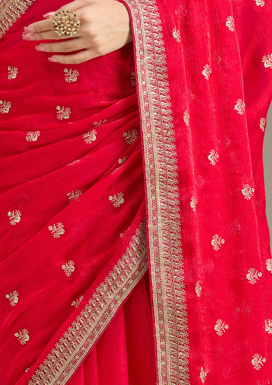 Rani Pink Tissue Gold Zariwork Saree With Matching Blouse Piece