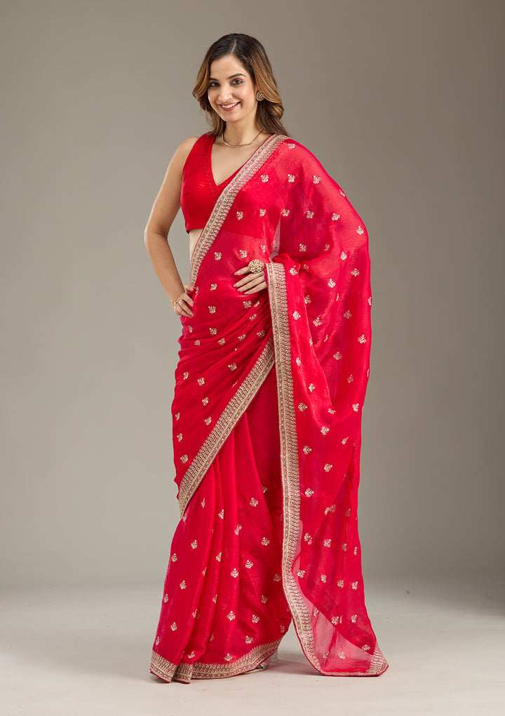 Rani Pink Tissue Gold Zariwork Saree With Matching Blouse Piece
